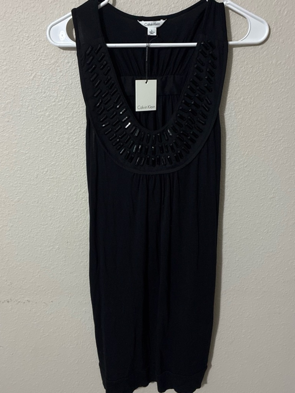 Calvin Klein Black Sleeveless Mini Dress with Beaded Scoop Neck